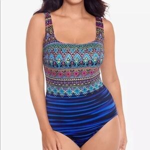 SWIM SOLUTIONS Women's Blue Taj Mahal Square Neck One Piece Long Torso Swimsuit